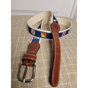 Men’s Solid Brass Belt Nautical Flags Preppy Sailing Leather Canvas Size 38 USA